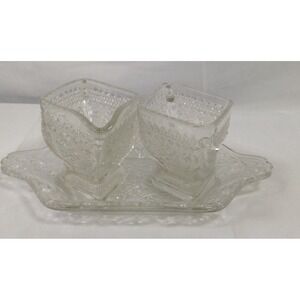 Vintage Crystal Cream & Sugar Bowl With Plate , Etched Floral & Diamond Pattern